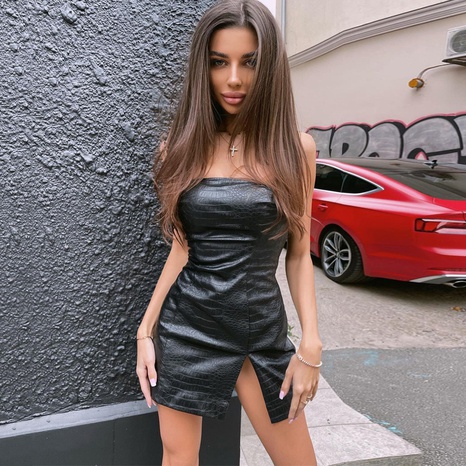 European and American new winter fashion sexy slim leather tube top slit dress female's discount tags