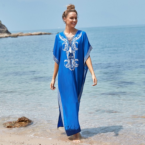 fashion blue rayon embroidered robe sunscreen beach coat blouse's discount tags