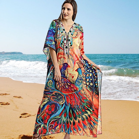 fashion quick-drying peacock long skirt beach blouse holiday robe's discount tags