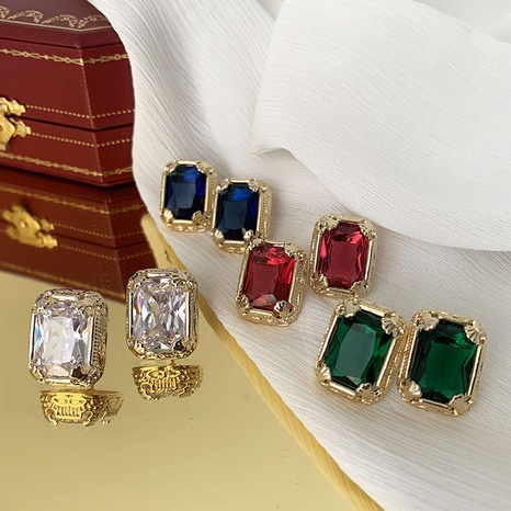 retro copper inlaid zircon geometric square emerald earrings wholesale's discount tags