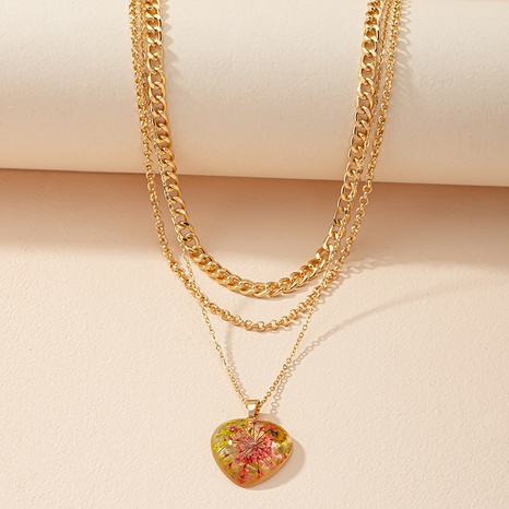 Inlaid dried flower heart pendant necklace female peach heart multi-layer sweater chain's discount tags
