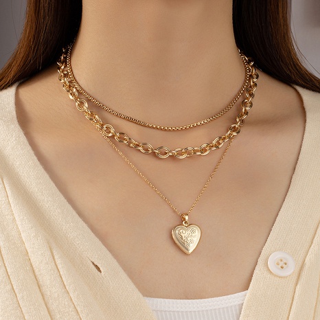 Openable heart pendant necklace hip-hop style thick chain multi-layer clavicle chain's discount tags