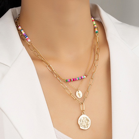 European and American multi-layer beaded fine chain round card pendant necklace's discount tags