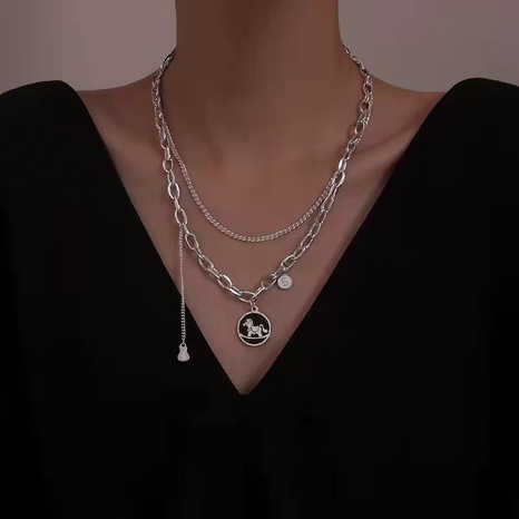 fashion dyed black small wooden horse pendent titanium steel collarbone chain female's discount tags