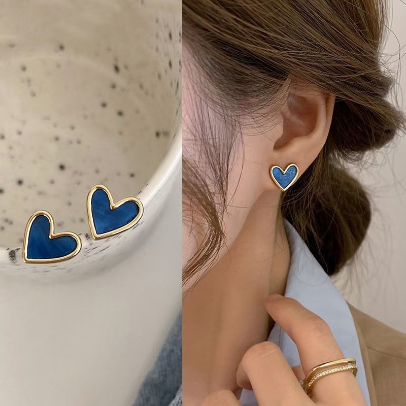 fashion heart blue drop glue girl copper stud earrings wholesale