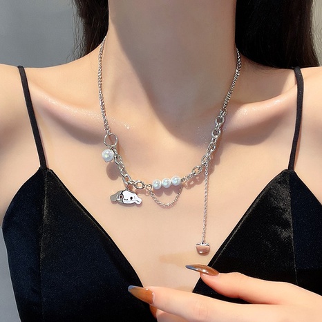 Retro light luxury pearl stacking trend dog tag titanium steel collarbone chain  NHJIS623472's discount tags