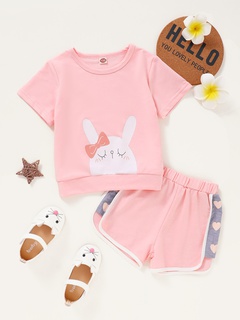 New Children's Clothing Girls Rabbit Print Short Sleeve Top and Shorts Suit