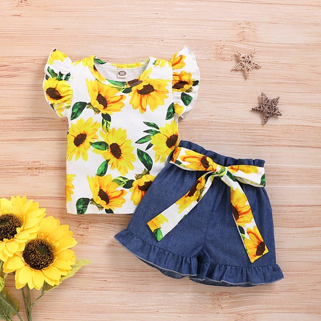New Children's Clothing Girls Sunflower Printed Tops and Imitation Denim Shorts's discount tags