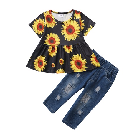 Girls Wholesale Sunflower Print Short Sleeve Top Ripped Denim Trousers Two Piece Set's discount tags