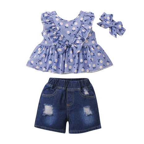 2022 suits blue sleeveless floral denim shorts headscarf three-piece set wholesale's discount tags