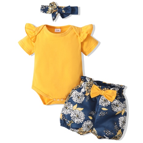 2022 spring girls yellow short-sleeved romper floral shorts hood three-piece set's discount tags
