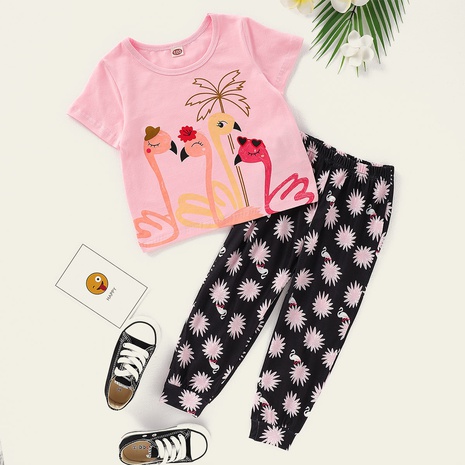 2022 New Year's flamingo print short-sleeved top and fireworks print trousers suit two-piece's discount tags