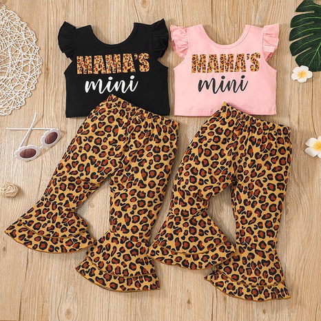 2022 new girls leopard print children's two-piece suit flying sleeve letter T-shirt flared pants suit's discount tags