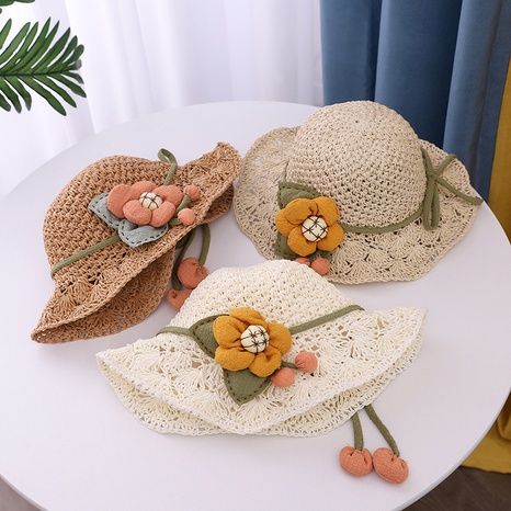 Sombrero de paja tejido coreano, sombrero de pescador con protector solar de flores grandes para niños de verano's discount tags