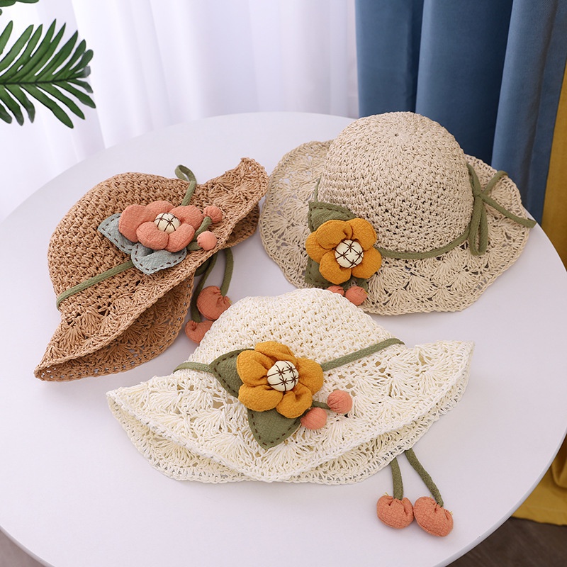 Korean woven straw hat summer childrens new big flower sunscreen fishermans hat
