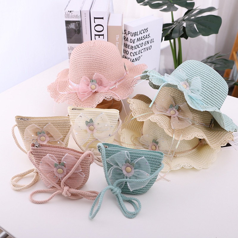 summer new bow lace straw hat bag suit cute princess girl travel sun hat wholesale