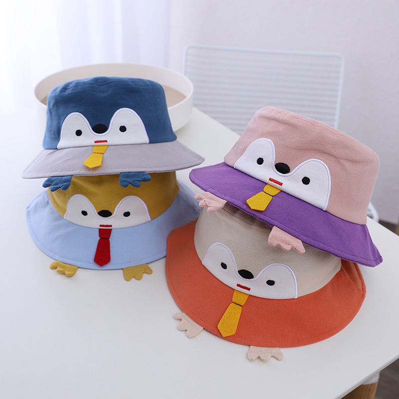 Autumn new childrens cartoon penguin fisherman hat cute color matching big brim hat