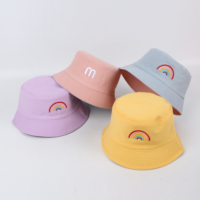 M rainbow embroidery childrens hat spring doublesided can wear fisherman hat