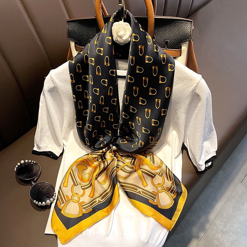 90cm scarf square scarf womens spring and autumn Korean retro circle chain silk scarf