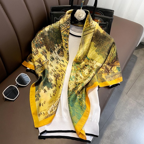 retro Qingming Shanghe Tu printing 90cm silk scarf wholesale's discount tags