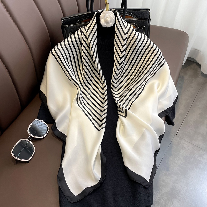 Fashion light luxury 90cm simulation silk scarf Korean simple striped large square scarf