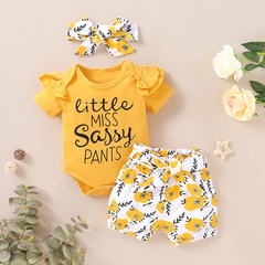 bébé manches courtes couleur unie lettre imprimé top fleur imprimé pantalon ensemble