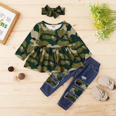 New Year camouflage clothing girls suit ripped jeans hood three-piece set