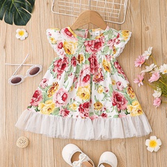 Baby girl sweet printing flying sleeve dress summer waist baby vest skirt