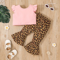 leopard print flared pants suit girl letter flying sleeve top trousers set