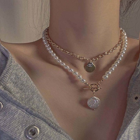 Fashion multi layer Two-piece pearl pendant iron chain necklace wholesale NHYSL629338's discount tags
