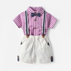 Summer baby plaid jumpsuit short-sleeved romper suspender shorts two-piece set