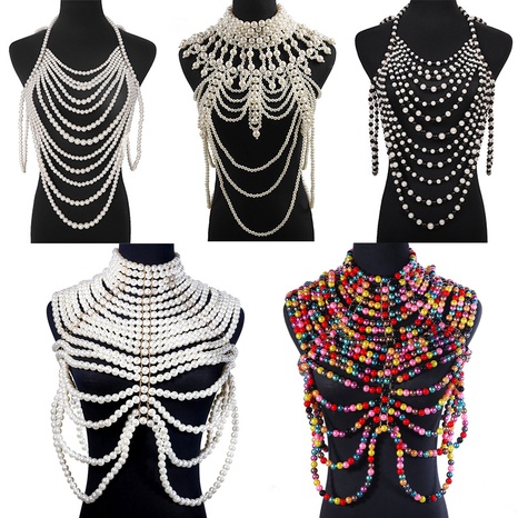 fashion hand-woven pearl necklaces multi-layer bead strings tassel exaggerated clothing chain's discount tags