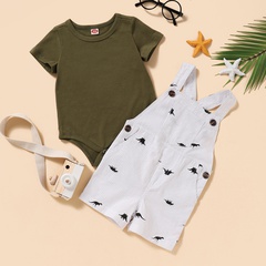 baby clothings solid color pants army green short-sleeved romper printed overalls two-piece set