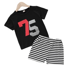 Summer Printed Grey Pullover Pants Set Cotton Stripe Short Sleeve Shorts Two Piece Set