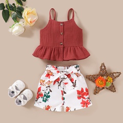 Automne coton pull robe ensemble couleur unie brique rouge bretelles floral shorts ensemble deux pièces