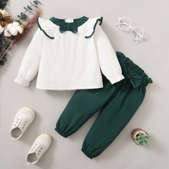 Summer Green Pullover Cotton Solid Color Ruffle Long Sleeve Top Trousers Two Piece Set