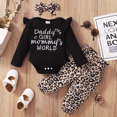 bébé vêtements lettre barboteuse à manches longues noir imprimé léopard pantalon turban ensemble trois pièces