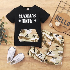 2022 spring baby clothings letter printed short-sleeved pocket T-shirt camouflage shorts two-piece set