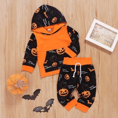Baby Clothings Orange Halloween Citrouille Imprimé À Capuche Pull À Manches Longues Pantalon Ensemble