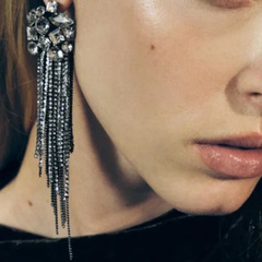 long tassel metal black rhinestone earrings European and American crystal earrings