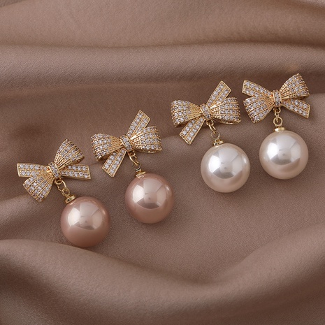 Modeschleife große Perle eingelegte Zirkonkupferohrringe's discount tags