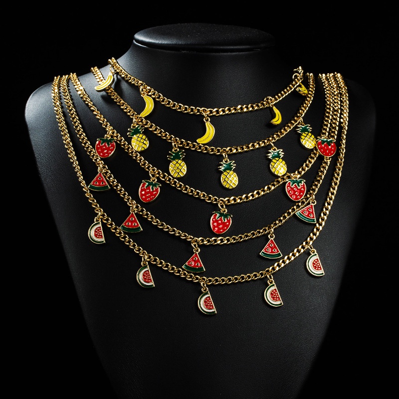 simple multicolor fruit banana pineapple shape copper enamel pendant necklace