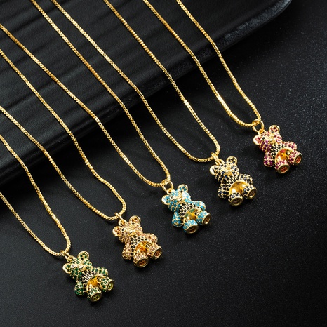 simple cute bear pendant necklace copper inlaid color zircon clavicle chain's discount tags