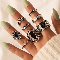 fashion black drip ring eight-piece retro geometric hollow ring set