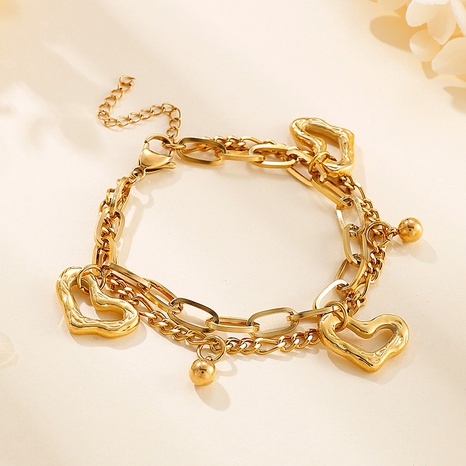Bijoux européens et américains multicouches en acier inoxydable coeur perles rondes bracelet femme's discount tags