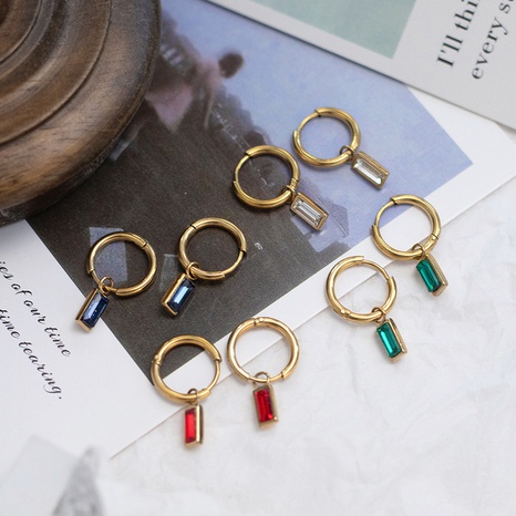 fashion emerald zircon rectangular titanium steel earrings NHWC579398's discount tags