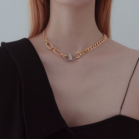 diamond-studded lock hip-hop simple fashion titanium steel necklace NHWC579467's discount tags