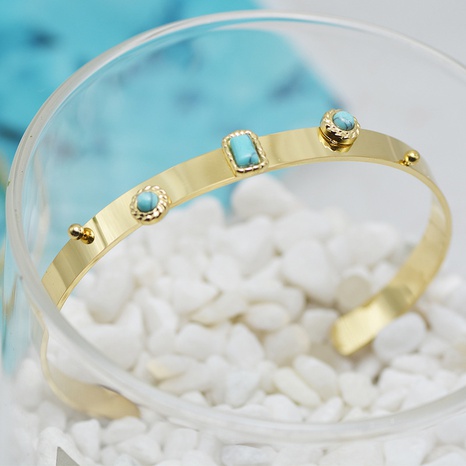 Bracelet en acier titane bleu turquoise incrusté de pierre rétro bracelet réglable en or 14 carats's discount tags