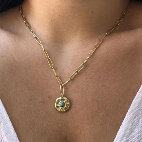 pendentif femme exquise mode naturel turquoise incrusté collier en acier inoxydable doré's discount tags