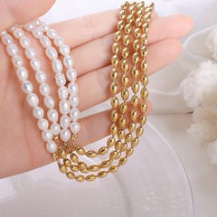 French style oval bead chain stitching titanium steel 18k gold natural freshwater pearl necklace